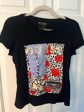 GUESS Black Graphic Tee with Red Rose & Leopard Print-Fits Like S/M